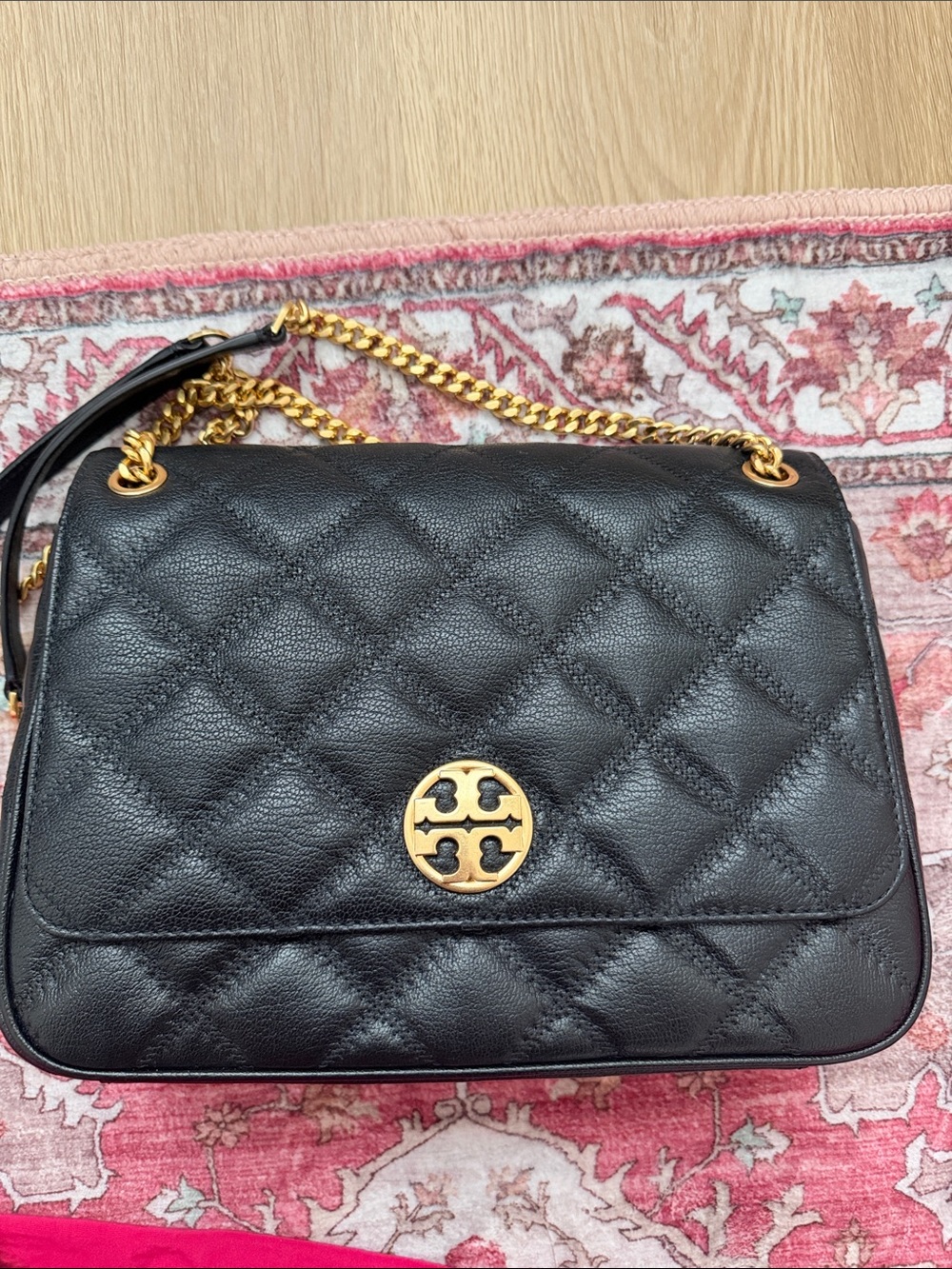 Tory Burch Black Grained Leather Quilted Large Shoulder Flap Bag